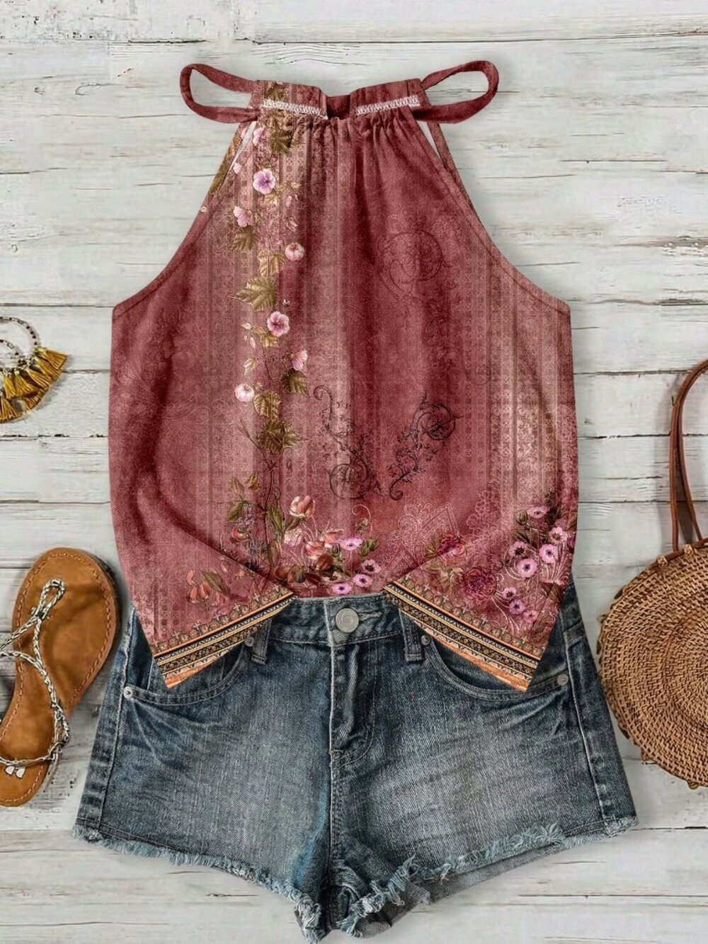 Multicolor Boho Women's Casual Minimalist Floral Pattern Halter Neck Tank Top - Picture 3 of 8